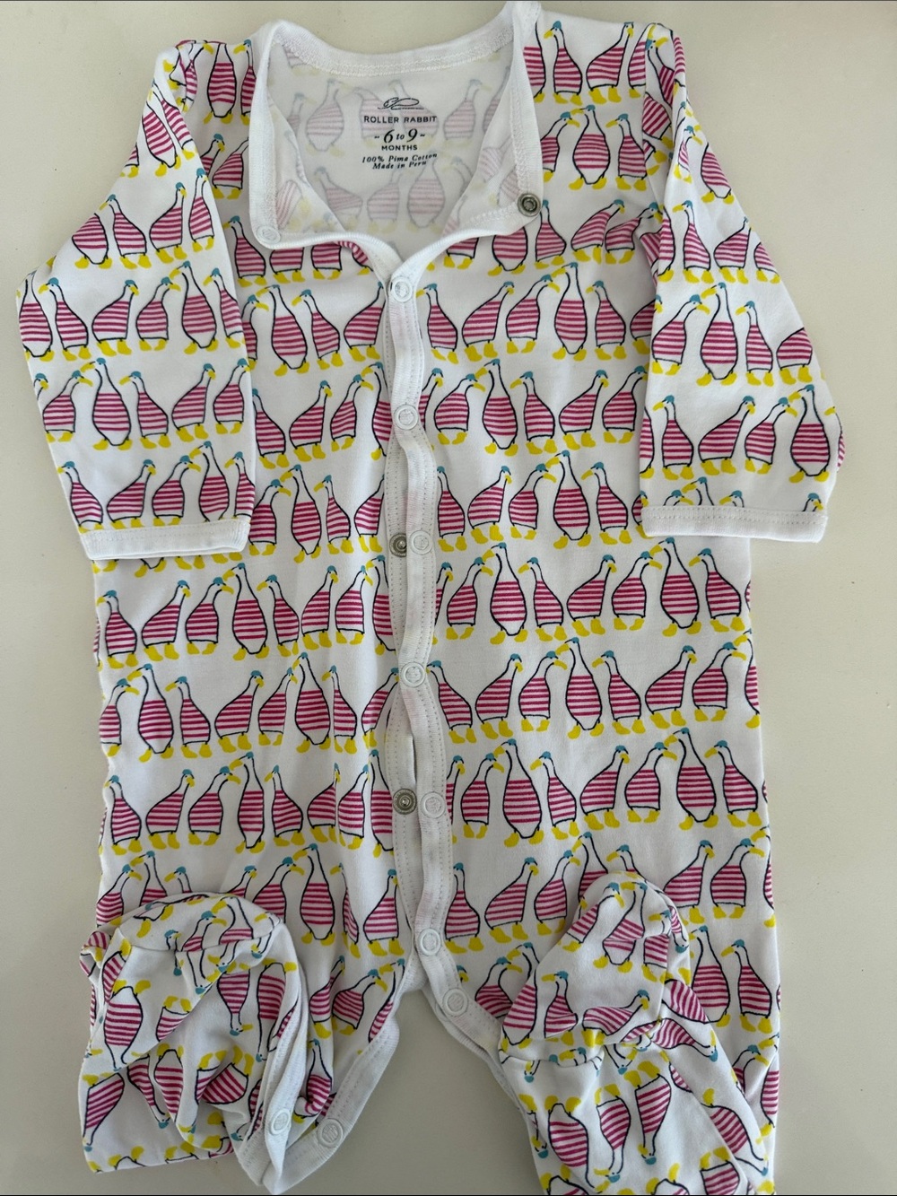 Roller Rabbit White Pajama Set with Pink Stripe Geese Print